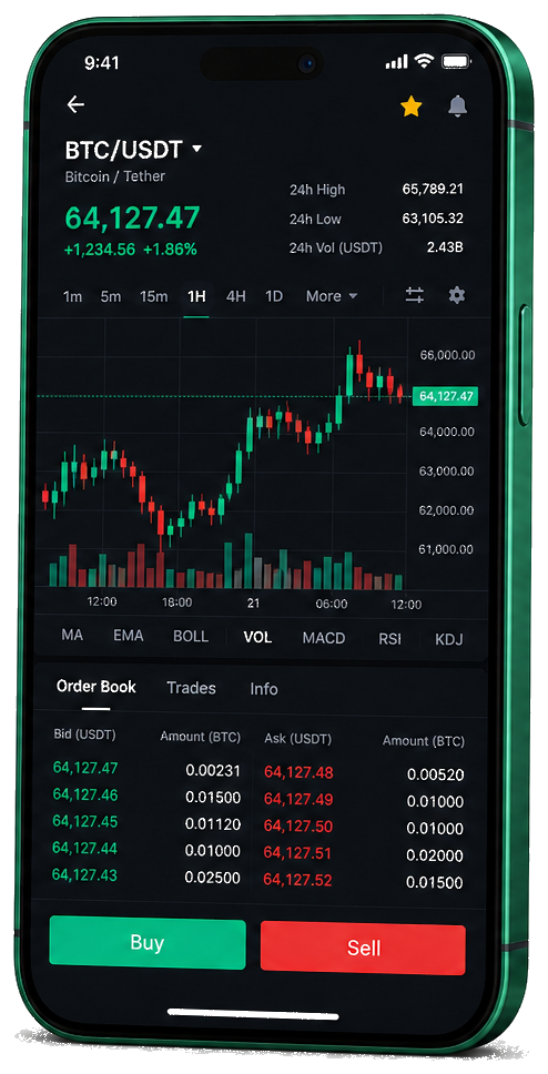 Application mobile Briand Montève — graphique BTC/USDT en direct, carnet d’ordres et outils de trading